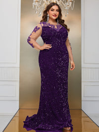 Yisikado Plus Contrast Lace Mesh Sleeve Sequin Formal Dress-FSST2087-4