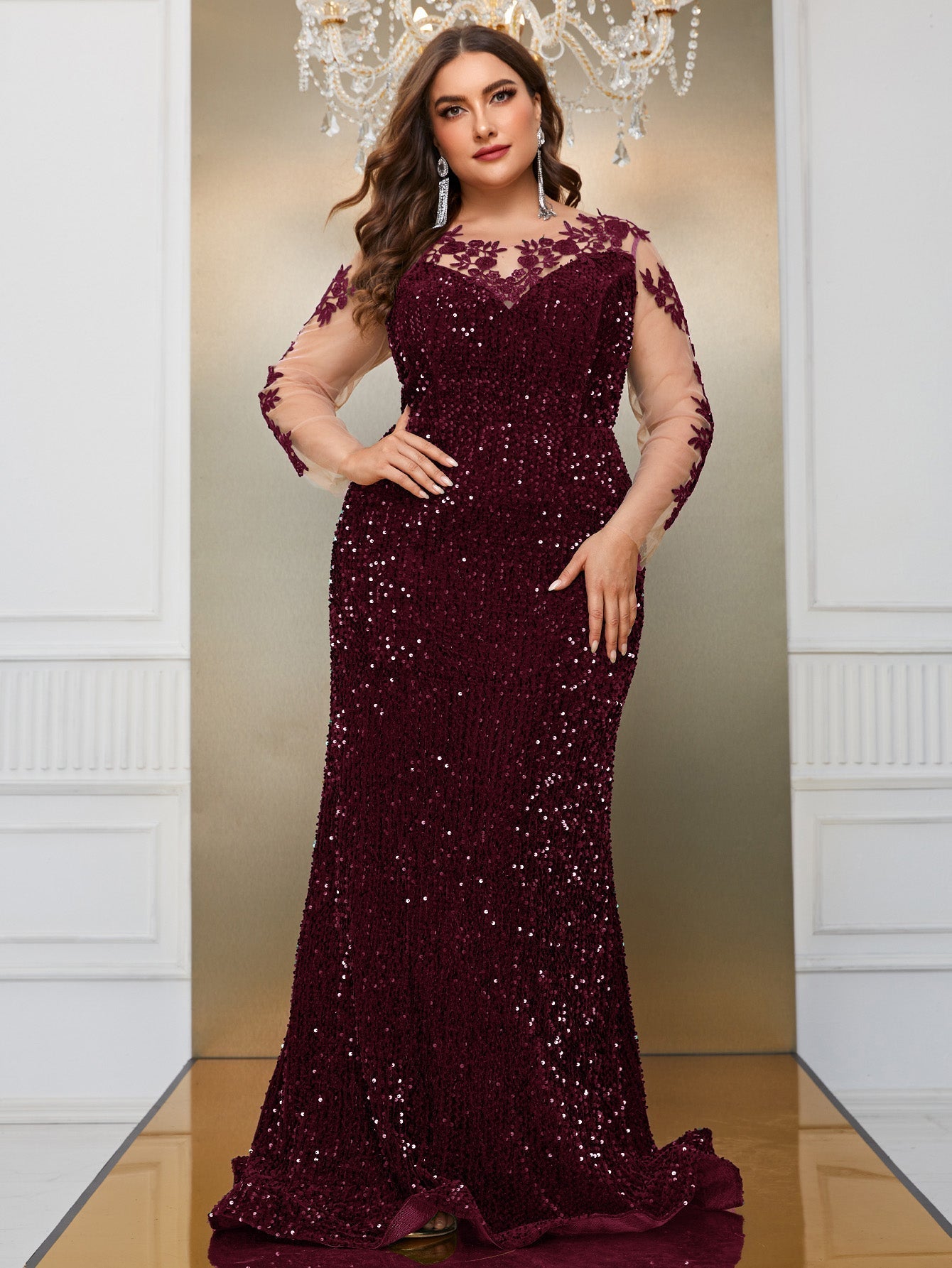 Yisikado Plus Contrast Mesh Sequin Formal Dress-FSST2087-2