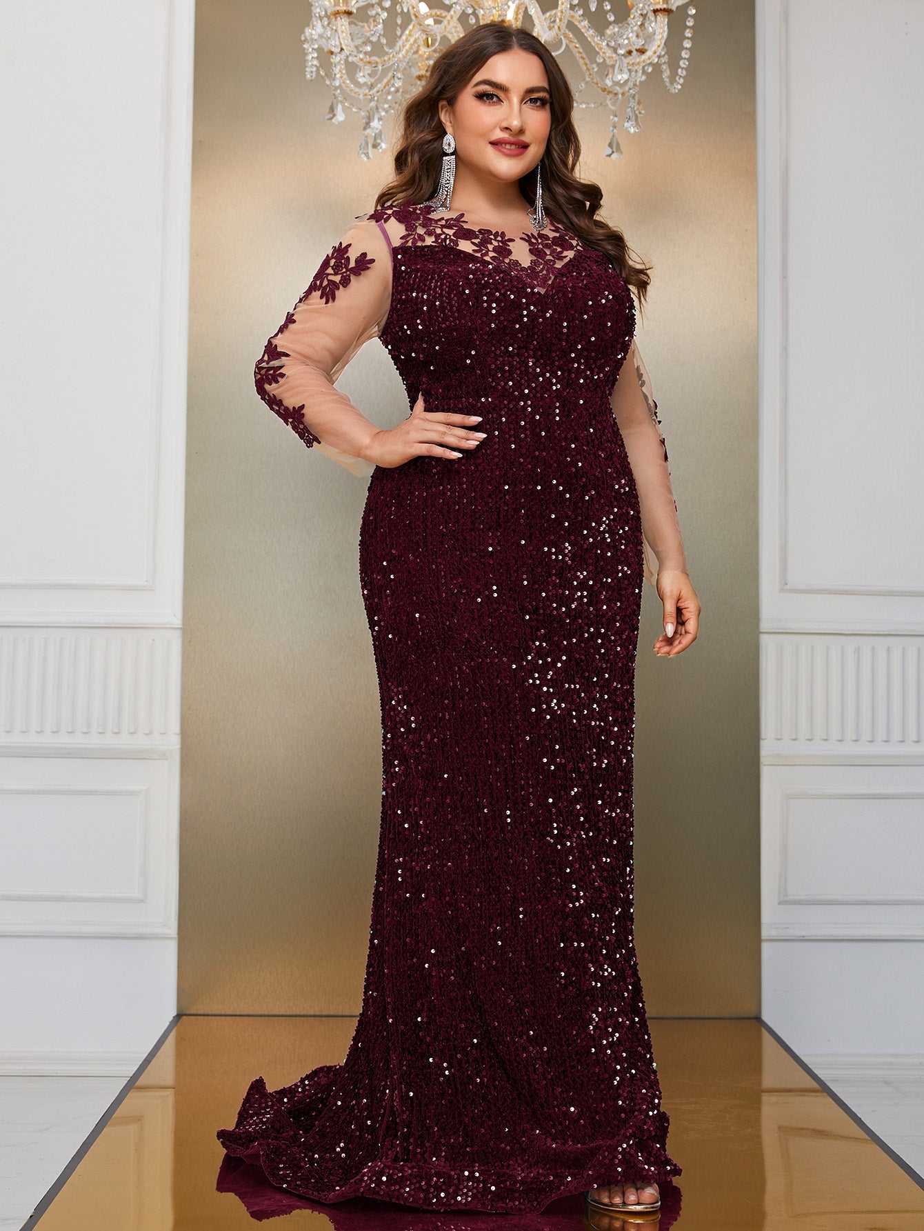 Yisikado Plus Contrast Mesh Sequin Formal Dress-FSST2087-2