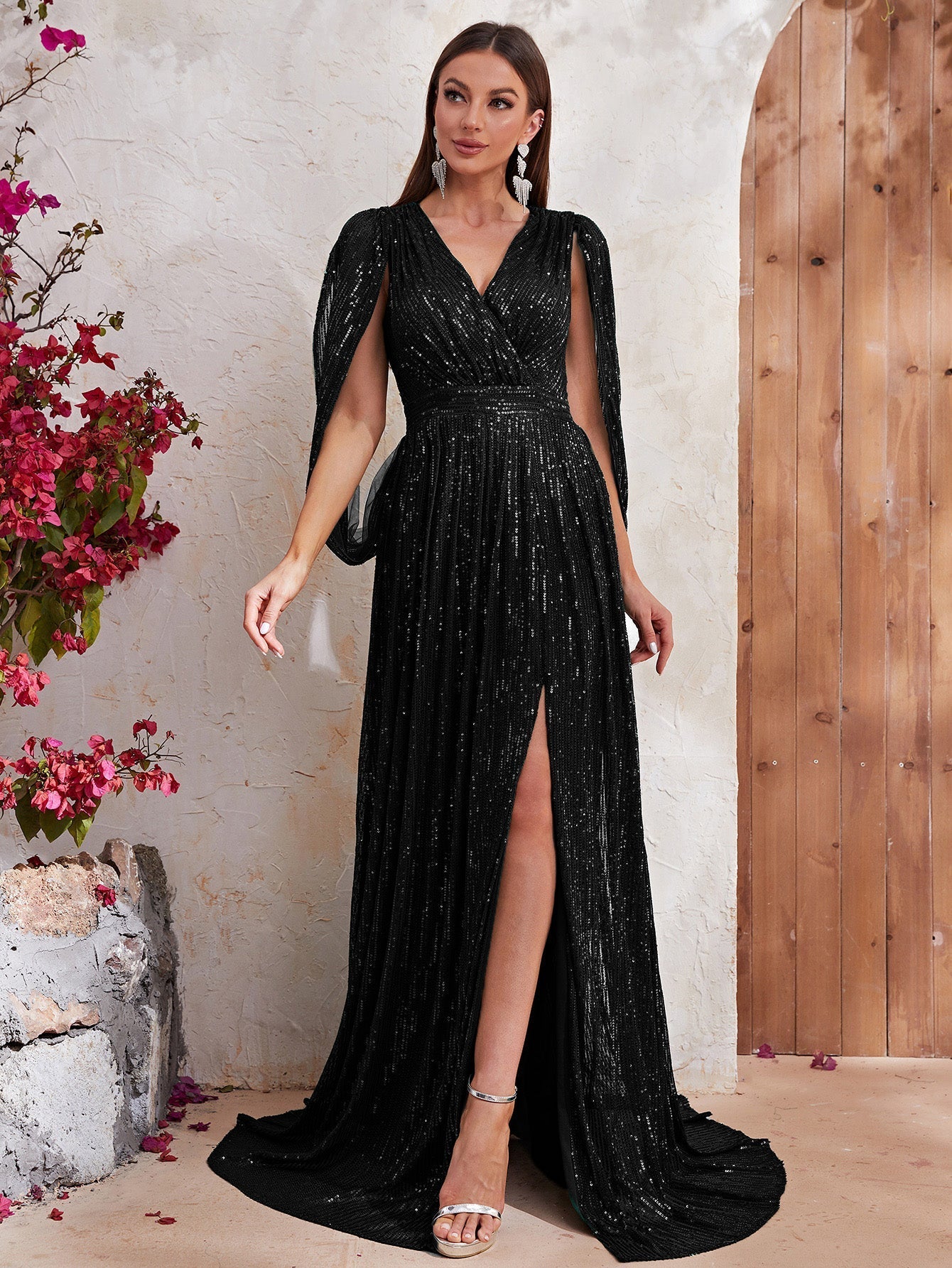 Surplice Neck Split Thigh Sequin Formal Dress-MGJ436-2