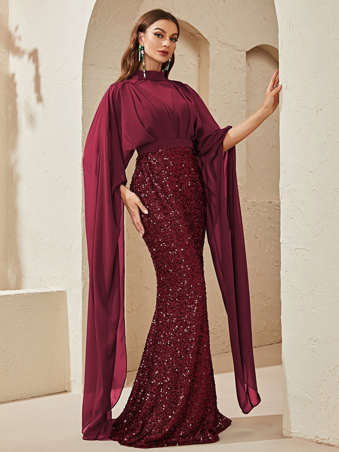 Yisikado Mock Neck Cloak Sleeve Sequin Formal Dress-MGT530-3