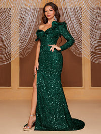 Yisikado Asymmetrical Neck Split Thigh Sequin Prom Dress-MGT894-2