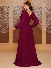 Yisikado Plunging Neck Ruffle Trim Lantern Sleeve Dress-SSN228-2