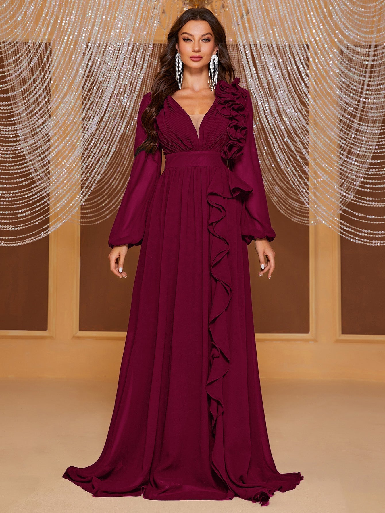 Yisikado Plunging Neck Ruffle Trim Lantern Sleeve Dress-SSN228-2