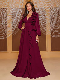 Yisikado Plunging Neck Ruffle Trim Lantern Sleeve Dress-SSN228-2