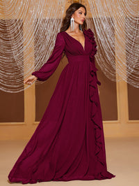 Yisikado Plunging Neck Ruffle Trim Lantern Sleeve Dress-SSN228-2