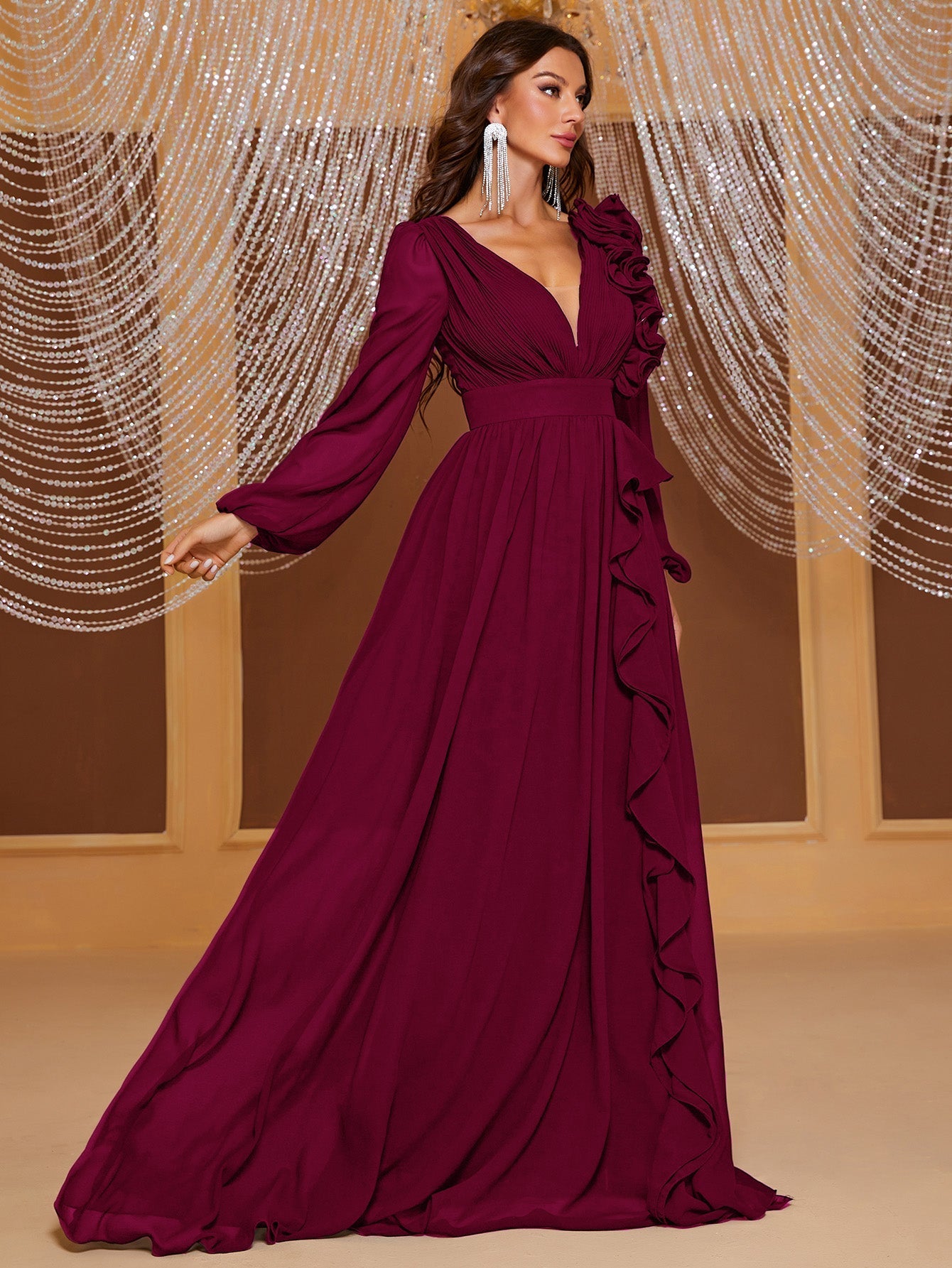 Yisikado Plunging Neck Ruffle Trim Lantern Sleeve Dress-SSN228-2