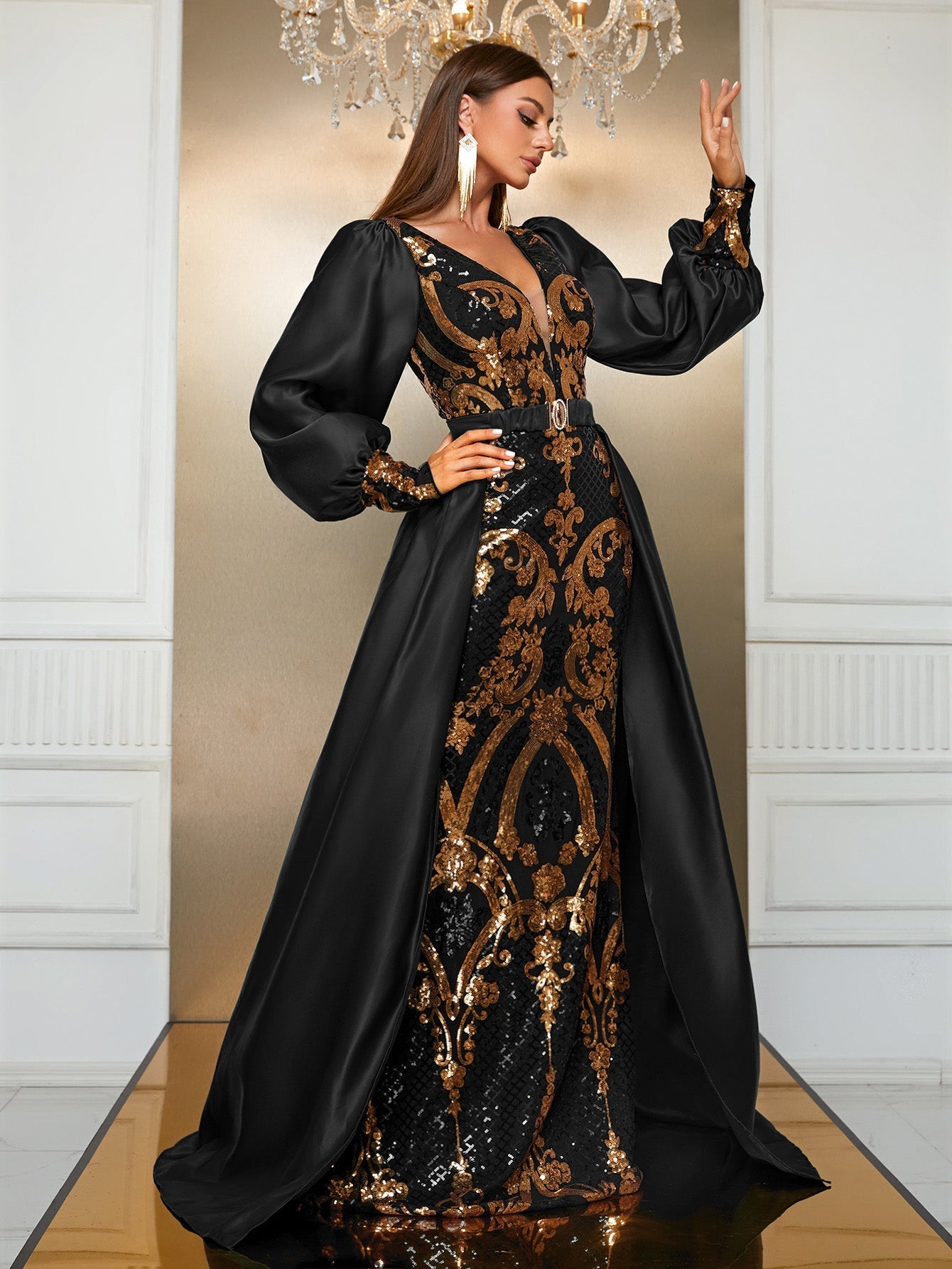 Yisikado Women's Sparkling Printed Double V-neck Cape Sleeve Dress With Luminous Effect For Cocktail Party-SST2085-2