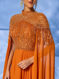 Giffniseti Women's Formal Elegant Sequined Stand Collar Fringe Cloak Sleeve Evening Party Dress Maxi Formal Ball Gown For Women-SSM009