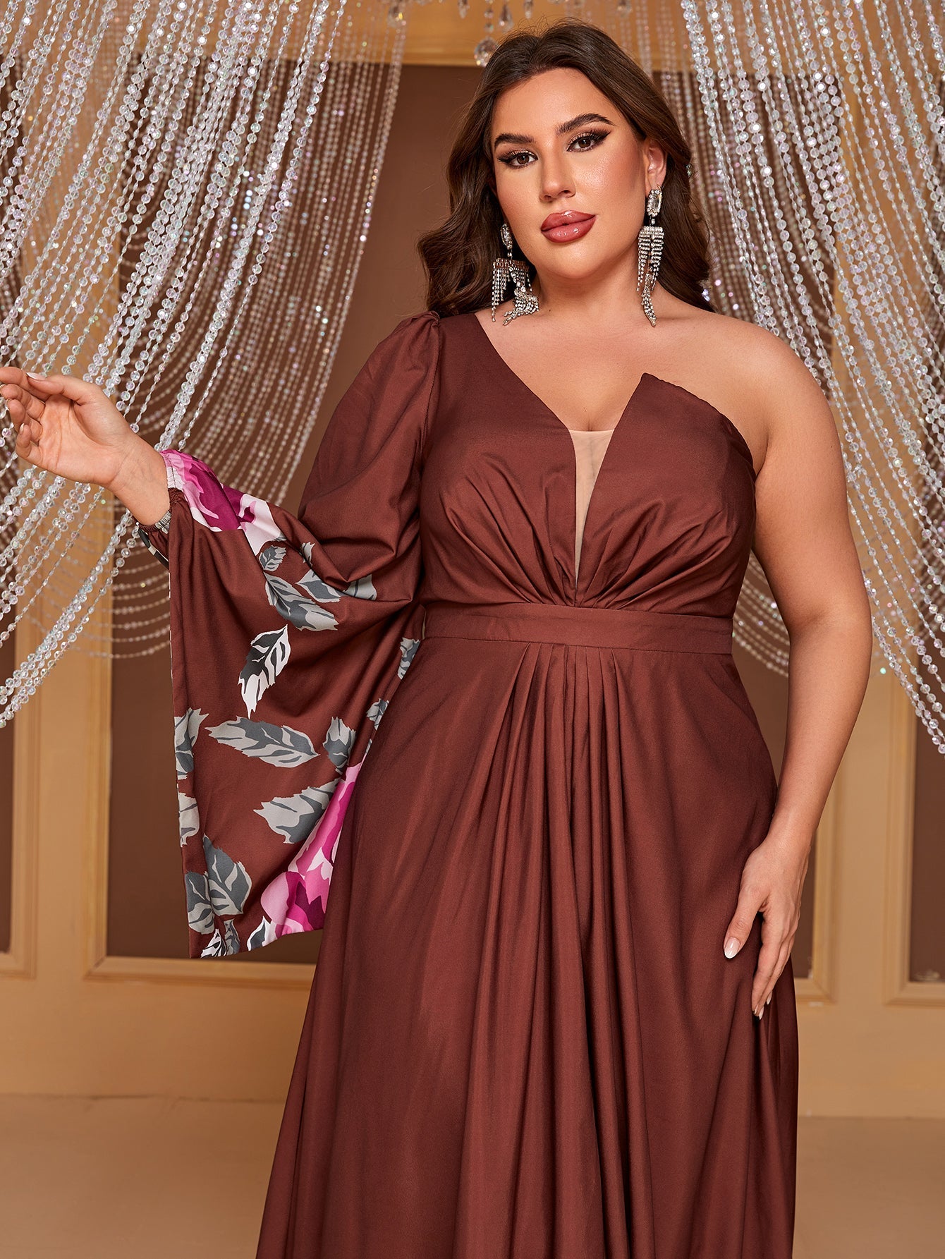 Yisikado Plus Floral Print One Shoulder Split Thigh Dress-FPSY262-2