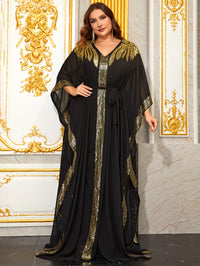 Giffniseti Plus Gold Feather Sequin Belted Kaftan Dress-FMG1012