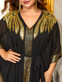 Giffniseti Plus Gold Feather Sequin Belted Kaftan Dress-FMG1012