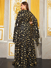Yisikado Plus Feather Print Cloak Sleeve Dress-FGLW20022