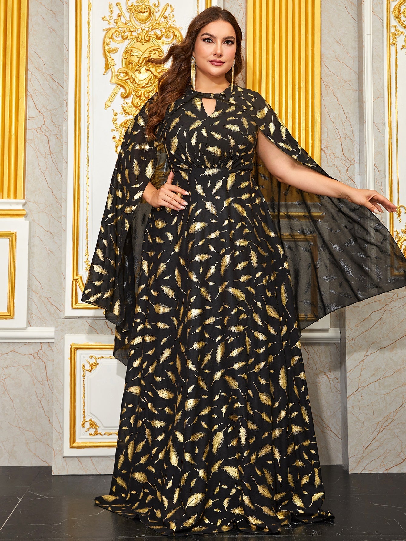 Yisikado Plus Feather Print Cloak Sleeve Dress-FGLW20022