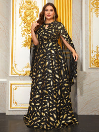 Yisikado Plus Feather Print Cloak Sleeve Dress-FGLW20022