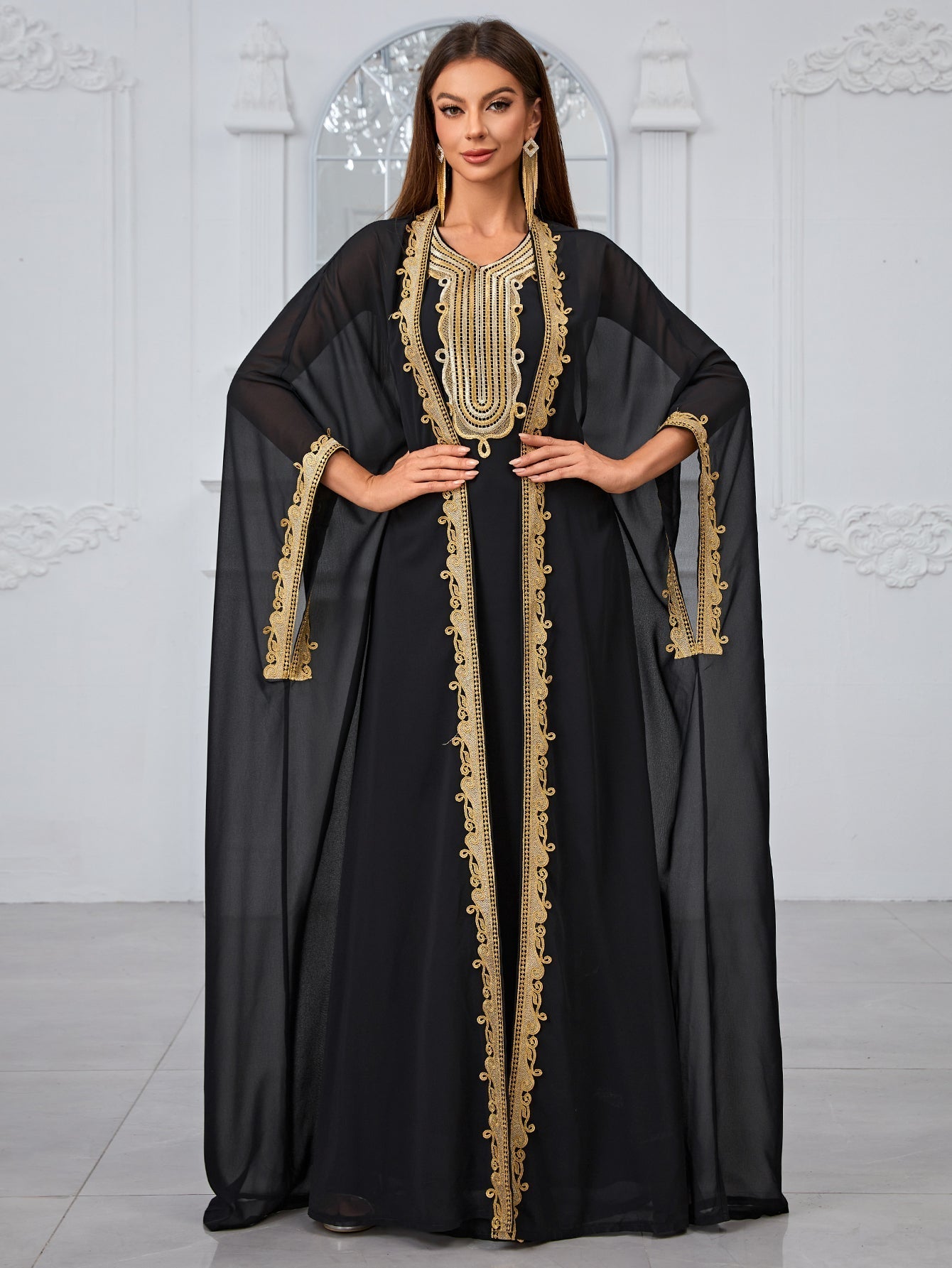 Yisikado Embroidered Applique Sleeveless Dress And Dolman Sleeve Jacket Two-Piece Set-SS485