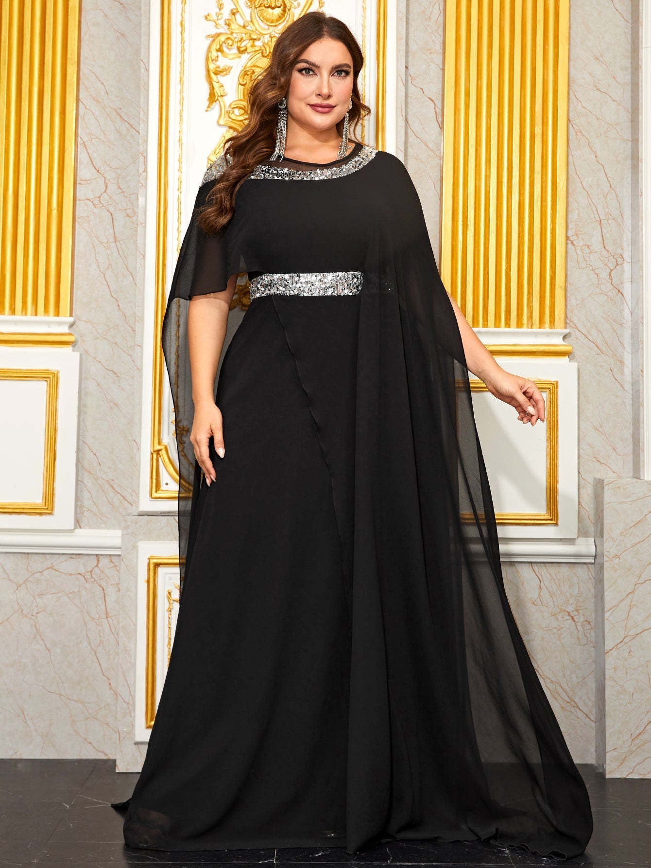 Yisikado Plus Size Sequin Spliced Chiffon Cape Party Evening Dress-FSSW5201