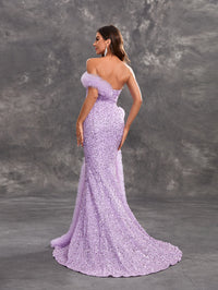 Giffniseti Women's Sparkly Glitter Lace & Sheer Mesh Decorated High Slit Party Evening Dress-MGT1132