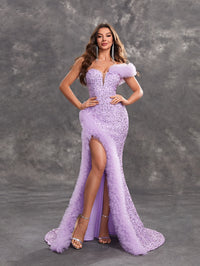 Giffniseti Women's Sparkly Glitter Lace & Sheer Mesh Decorated High Slit Party Evening Dress-MGT1132