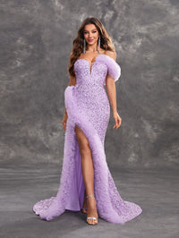 Giffniseti Women's Sparkly Glitter Lace & Sheer Mesh Decorated High Slit Party Evening Dress-MGT1132