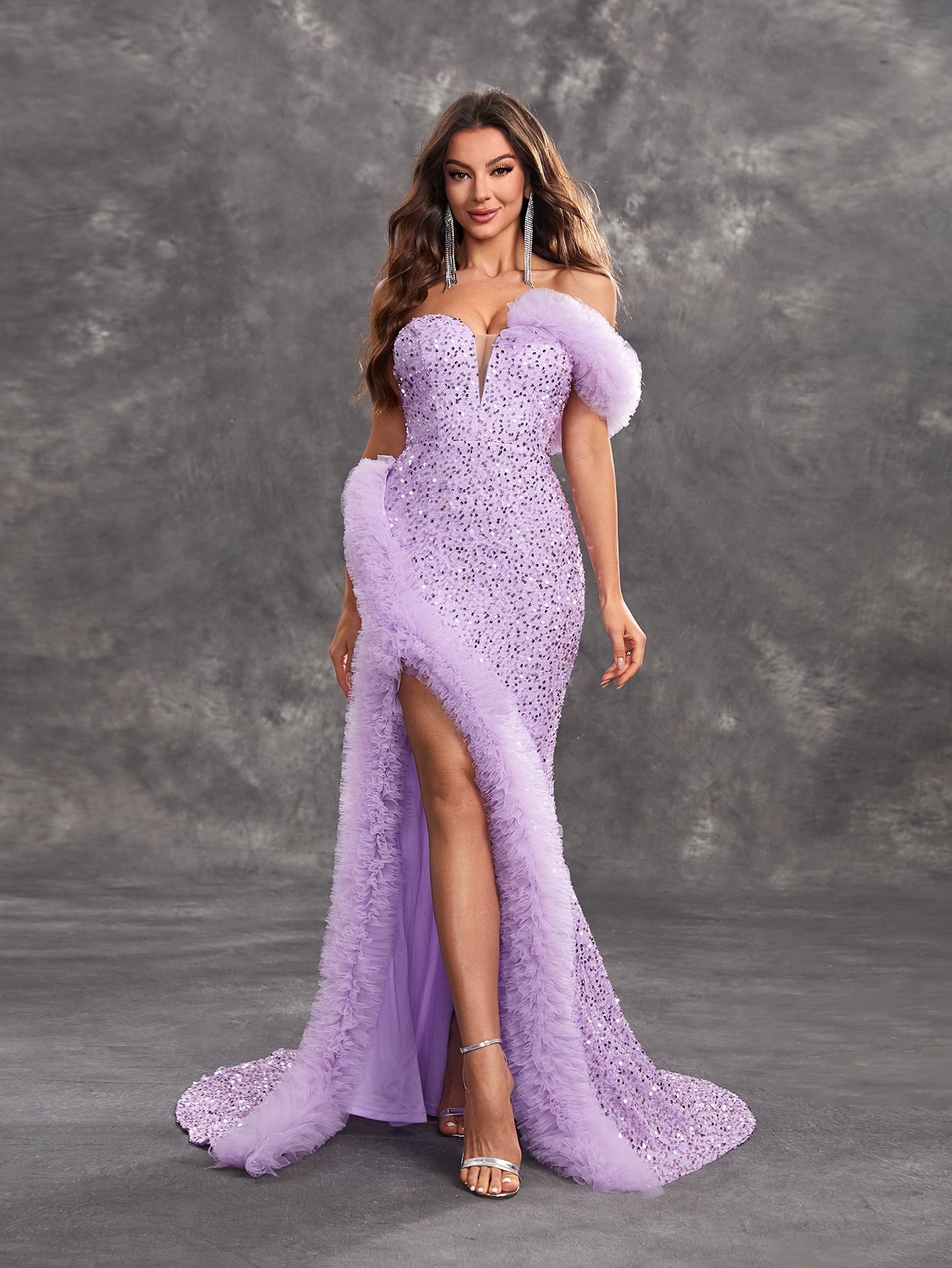 Giffniseti Women's Sparkly Glitter Lace & Sheer Mesh Decorated High Slit Party Evening Dress-MGT1132