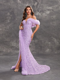 Giffniseti Women's Sparkly Glitter Lace & Sheer Mesh Decorated High Slit Party Evening Dress-MGT1132