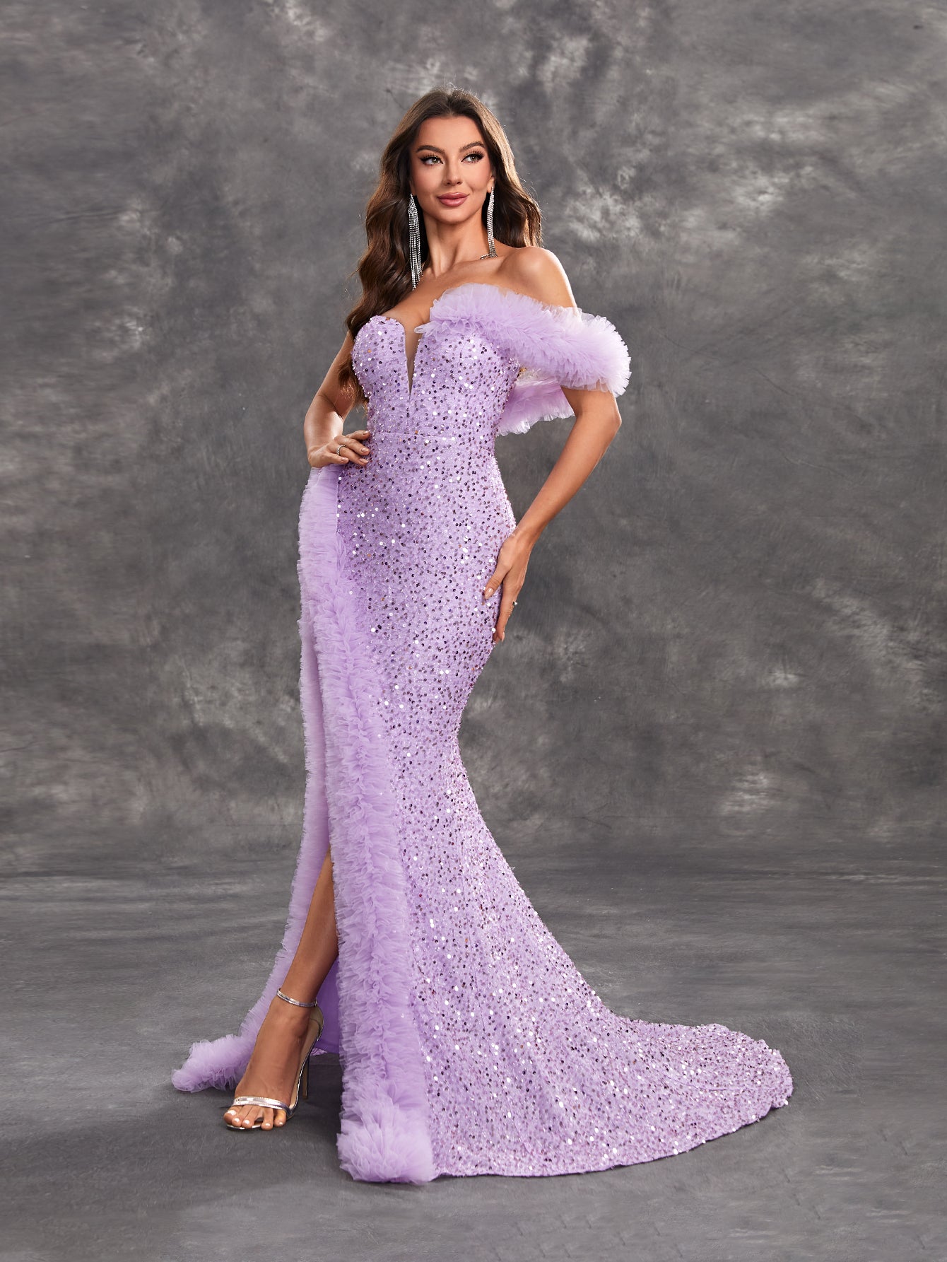 Giffniseti Women's Sparkly Glitter Lace & Sheer Mesh Decorated High Slit Party Evening Dress-MGT1132