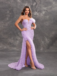 Giffniseti Women's Sparkly Glitter Lace & Sheer Mesh Decorated High Slit Party Evening Dress-MGT1132