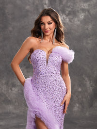 Giffniseti Women's Sparkly Glitter Lace & Sheer Mesh Decorated High Slit Party Evening Dress-MGT1132