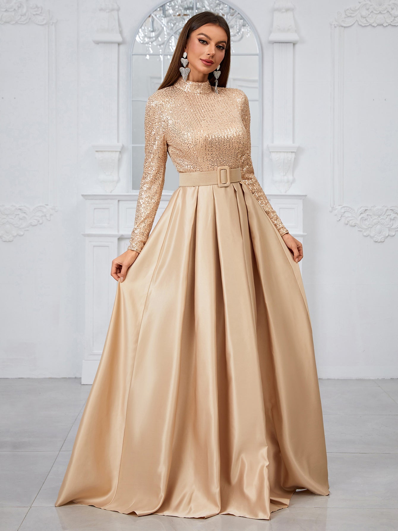 Yisikado Long Sleeve High Neck Sequin Panel & Pleated Evening Dress (With Belt)-MGT849-2