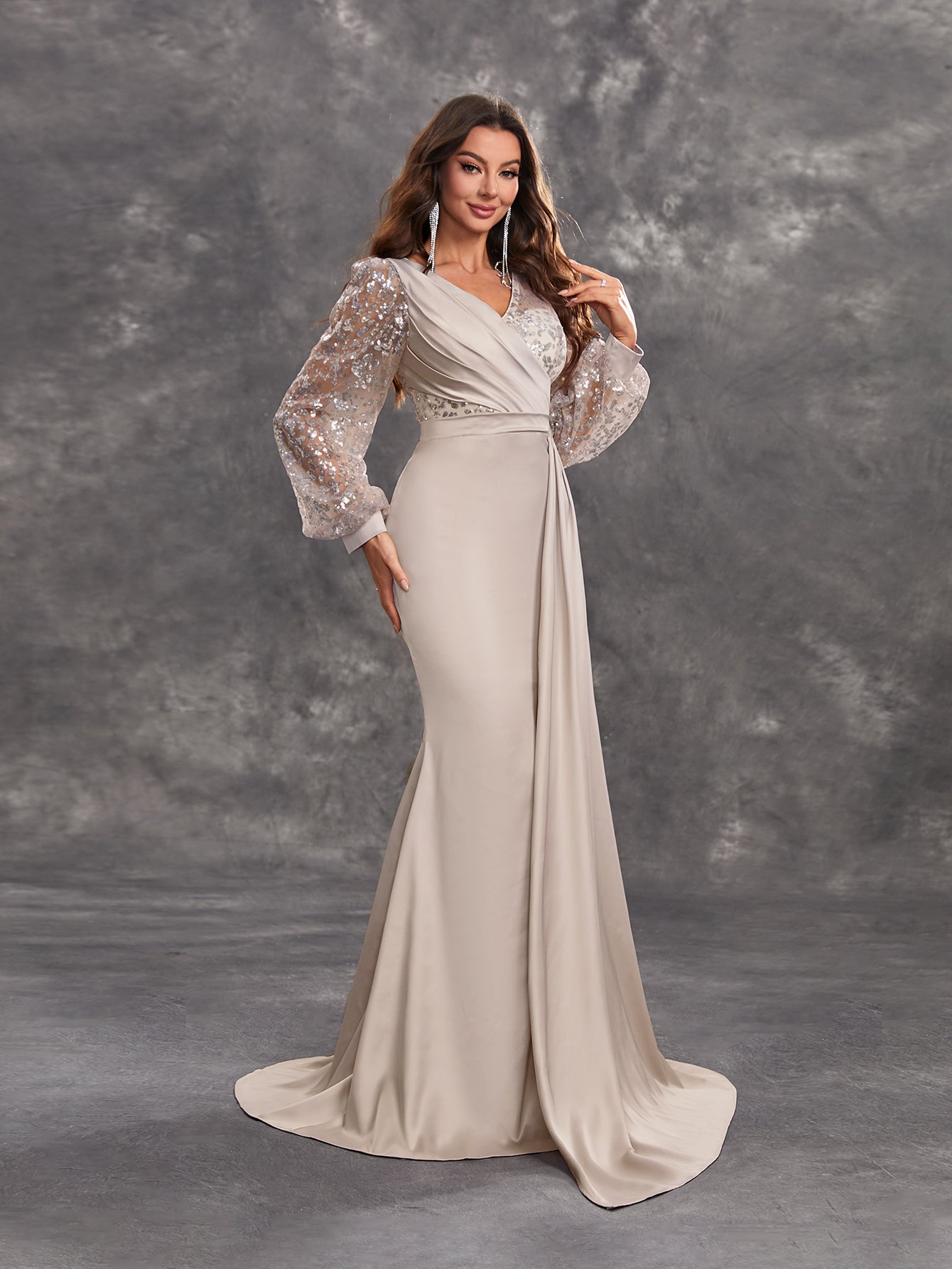 Giffniseti Women's Sparkling Sequin And Satin V-Neck Lantern Sleeve Elegant Luxurious Cocktail Party Evening Dress-SSW5206