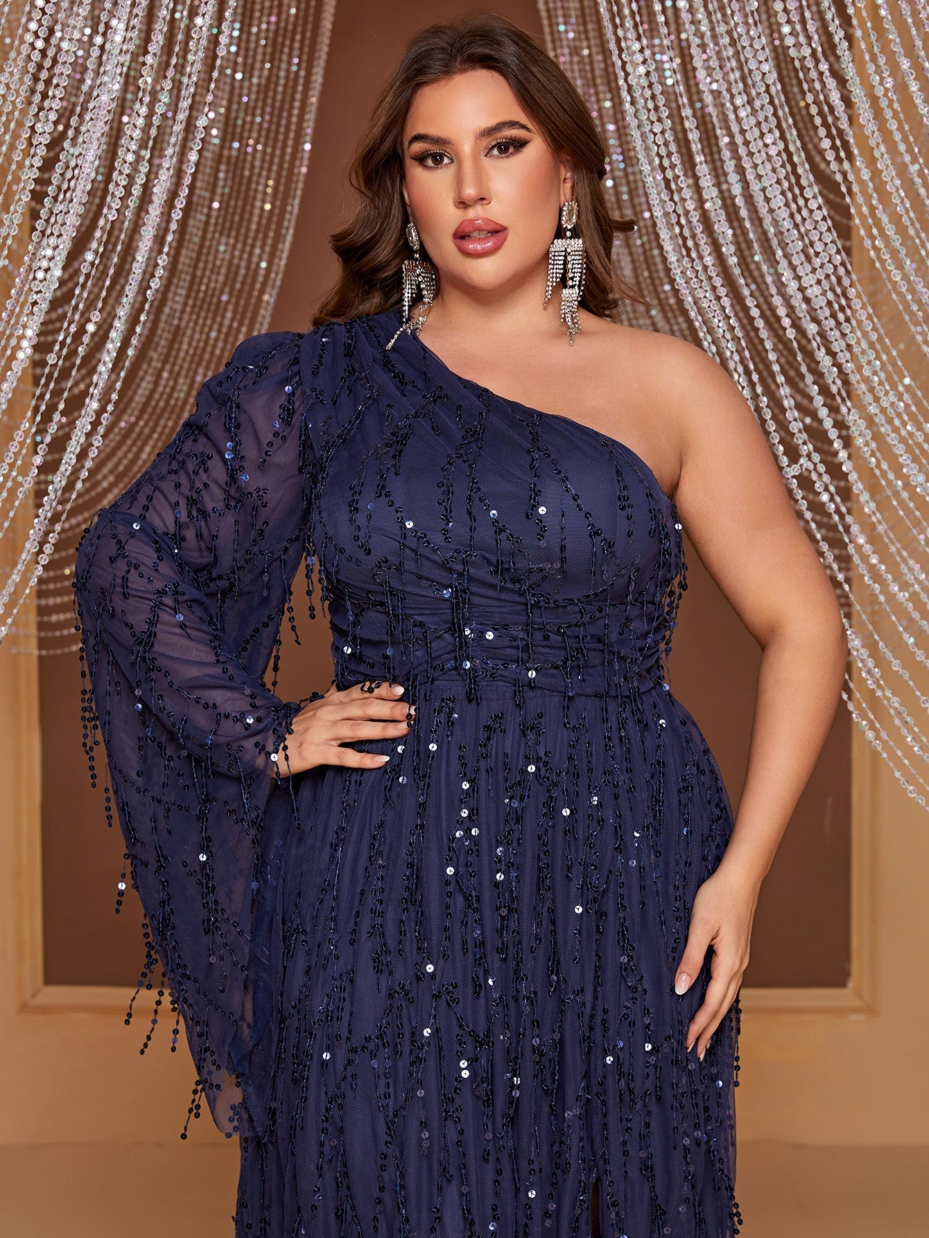 Yisikado Plus One Shoulder Split Thigh Sequin Formal Dress-FSSL6147