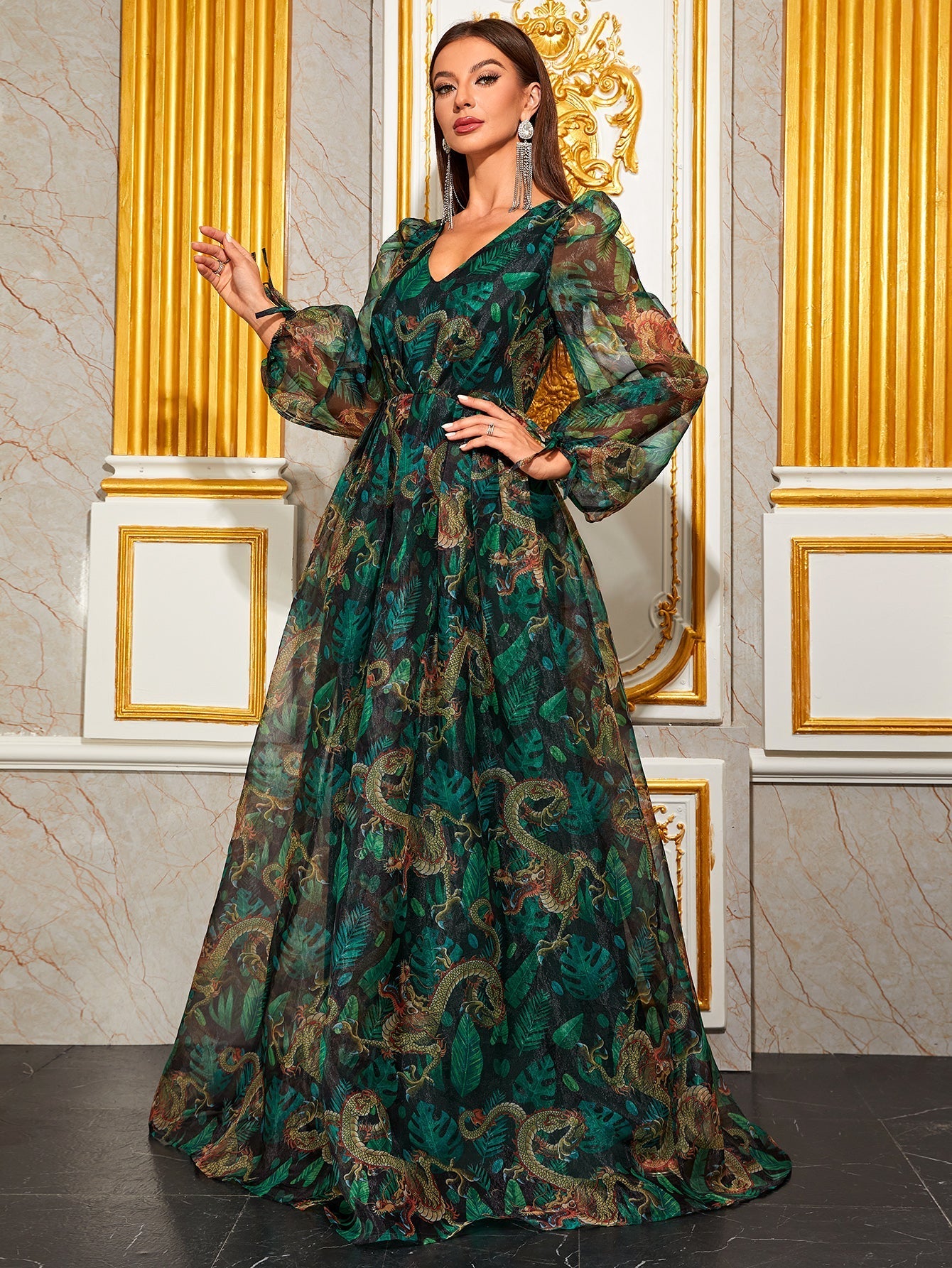 Yisikado Allover Print Lantern Sleeve Chiffon Dress-SSN268