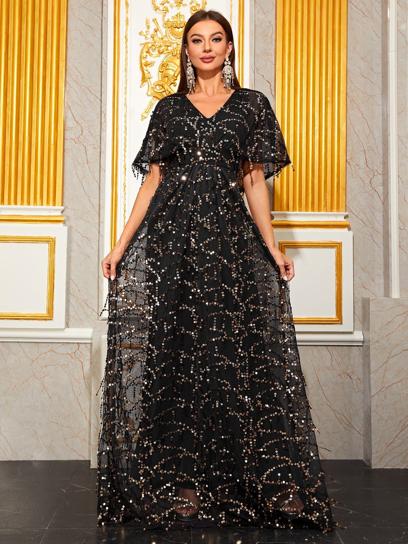 Yisikado Butterfly Sleeve Sequin Formal Dress-GL20018