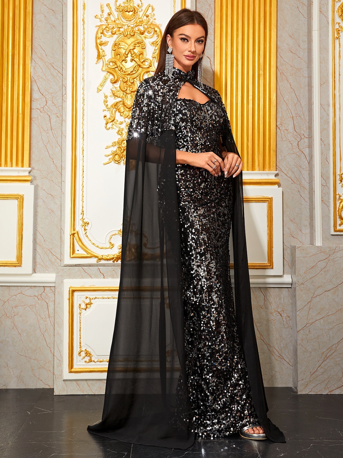 Yisikado Cut Out Front Split Sleeve Sequin Prom Dress-MGT965