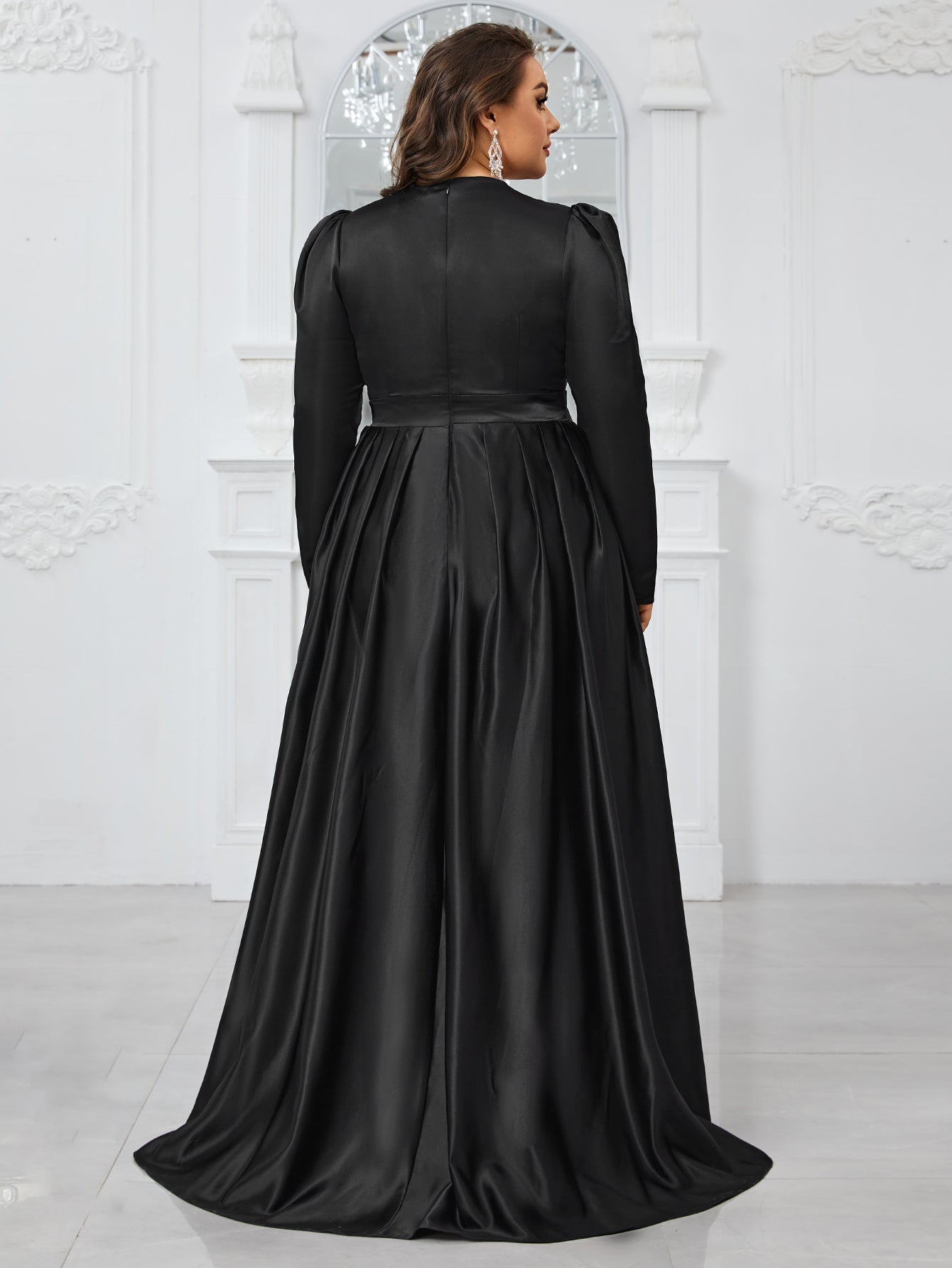 Yisikado Plus Size Glitter Panel Mermaid Evening Party Dress With Long Sleeves-FMGT806