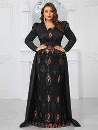 Yisikado Plus Size Glitter Panel Mermaid Evening Party Dress With Long Sleeves-FMGT806