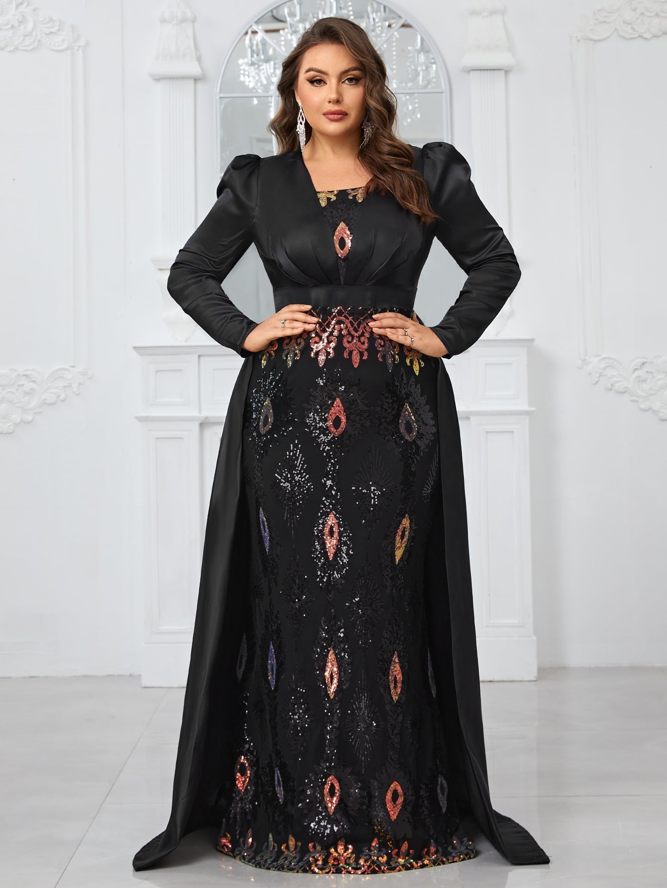 Yisikado Plus Size Glitter Panel Mermaid Evening Party Dress With Long Sleeves-FMGT806