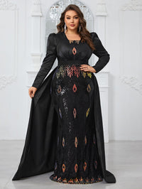 Yisikado Plus Size Glitter Panel Mermaid Evening Party Dress With Long Sleeves-FMGT806