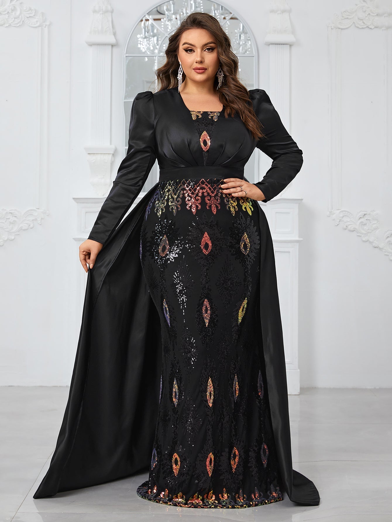 Yisikado Plus Size Glitter Panel Mermaid Evening Party Dress With Long Sleeves-FMGT806