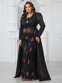 Yisikado Plus Size Glitter Panel Mermaid Evening Party Dress With Long Sleeves-FMGT806