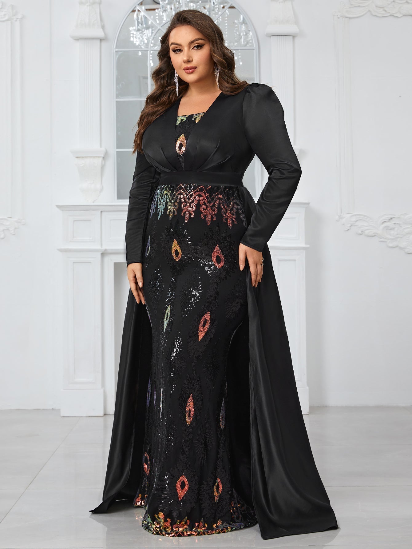 Yisikado Plus Size Glitter Panel Mermaid Evening Party Dress With Long Sleeves-FMGT806