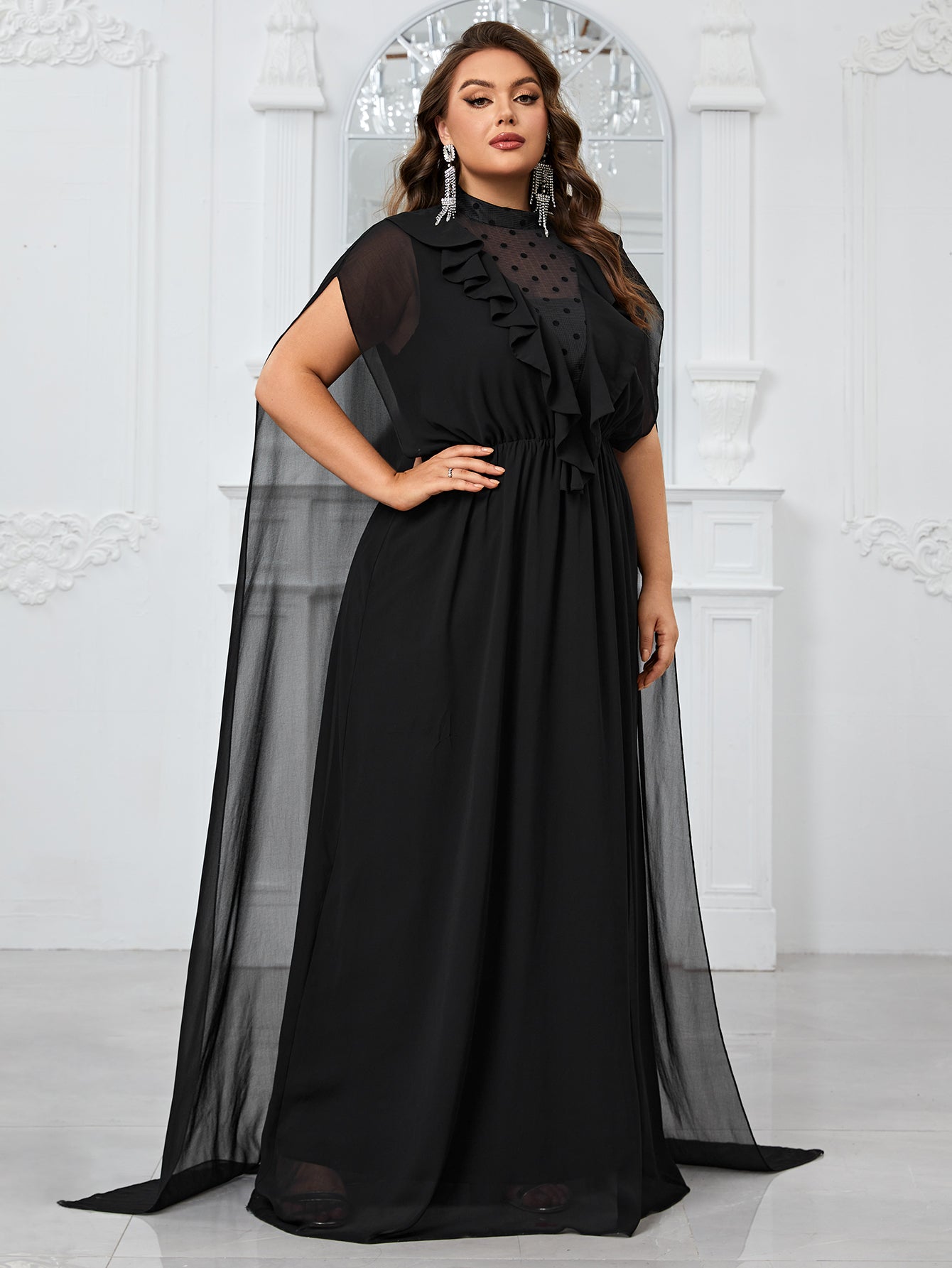 Yisikado Plus Size Women'S Ruffle Hem & Cape Decoration Evening Gown Dress-FGLN20108