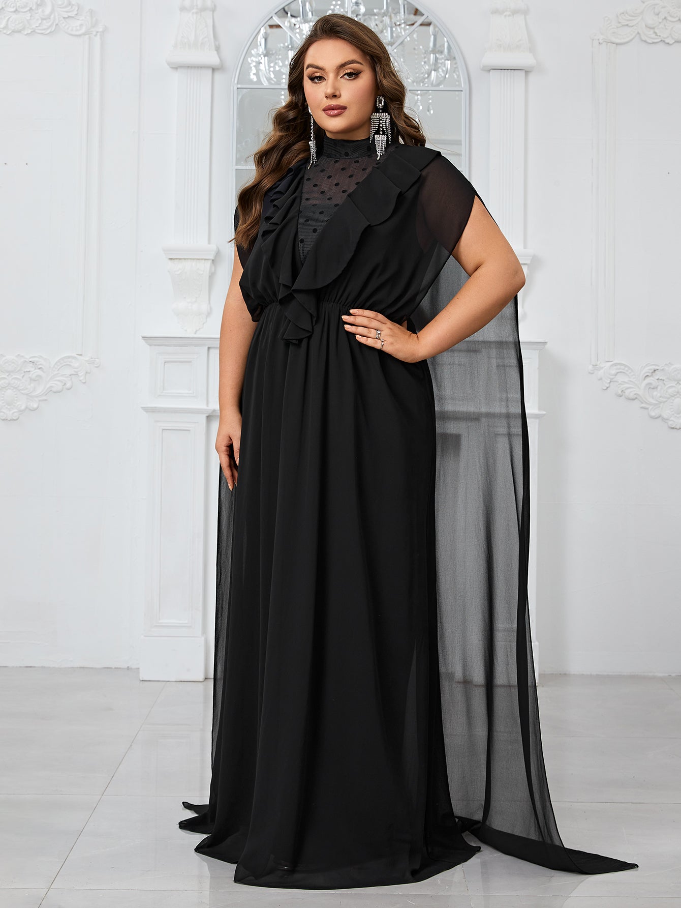 Yisikado Plus Size Women'S Ruffle Hem & Cape Decoration Evening Gown Dress-FGLN20108