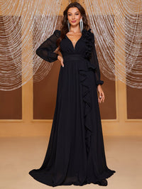 Yisikado Plunging Neck Ruffle Trim Lantern Sleeve Dress-SSN228