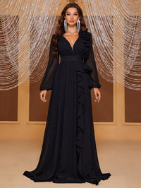 Yisikado Plunging Neck Ruffle Trim Lantern Sleeve Dress-SSN228