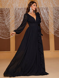 Yisikado Plunging Neck Ruffle Trim Lantern Sleeve Dress-SSN228