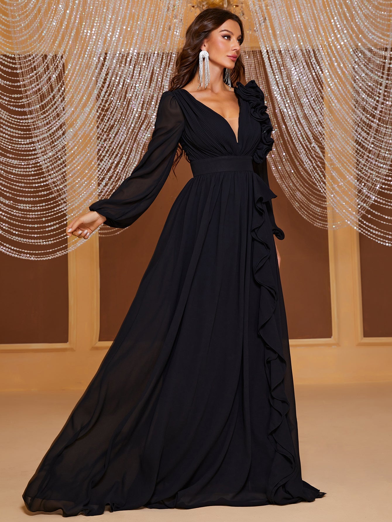 Yisikado Plunging Neck Ruffle Trim Lantern Sleeve Dress-SSN228