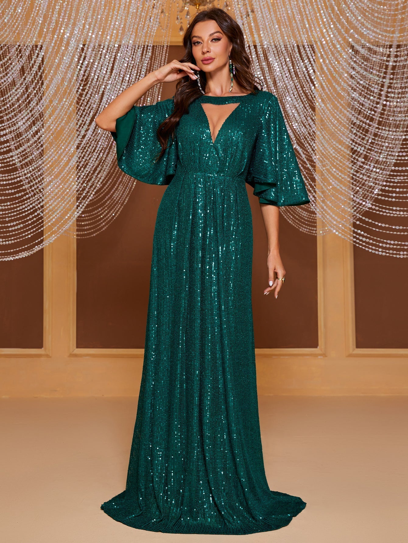 Yisikado Keyhole Neck Butterfly Sleeve Sequin Formal Dress-SST2090