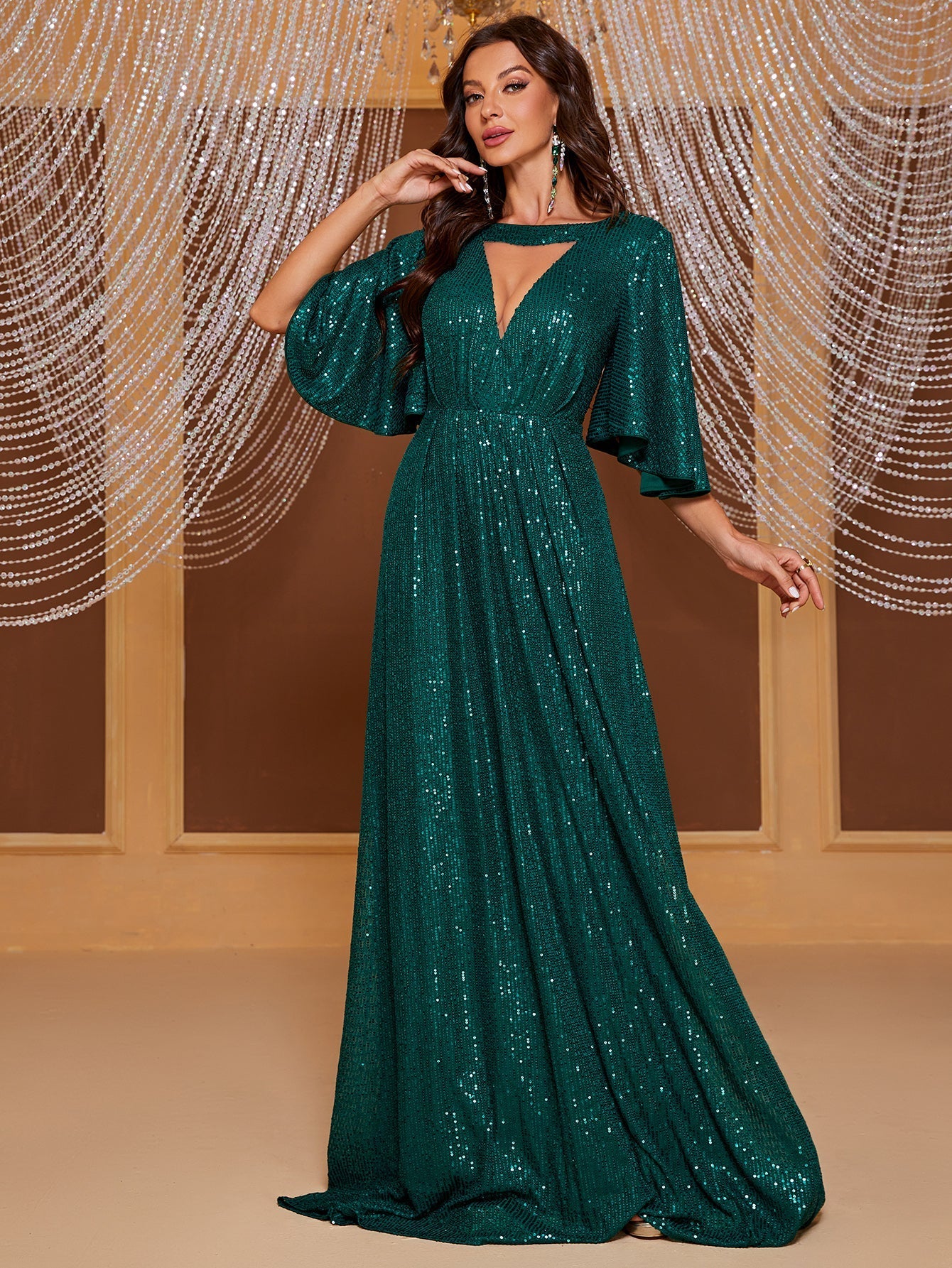 Yisikado Keyhole Neck Butterfly Sleeve Sequin Formal Dress-SST2090